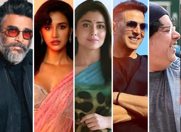 Akshay Kumar, R Madhavan, Disha Patani, and Shriya Saran standing together in a casual group shot, smiling at the camera