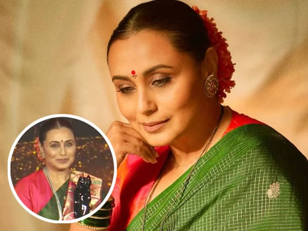 Rani Mukerji holding the Raj Kapoor Special Contribution Award on stage at the Maharashtra State Film Awards ceremony