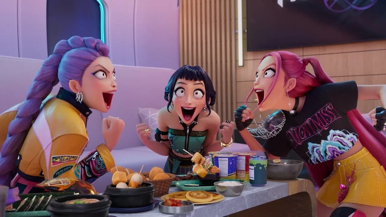 Animated poster art style image representing the Huntrix characters from KPop Demon Hunters against a stylised concert stage backdrop.