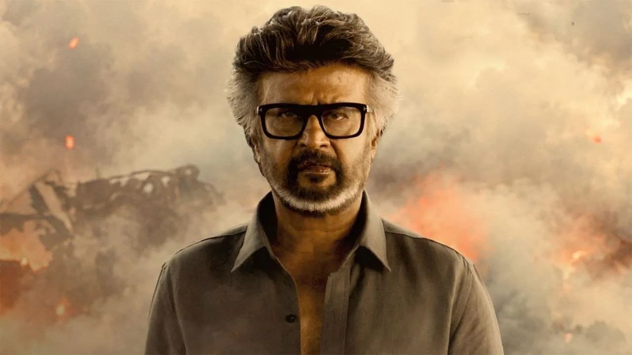 A still from Jailer 2 featuring Rajinikanth in action pose, red shirt, intense expression