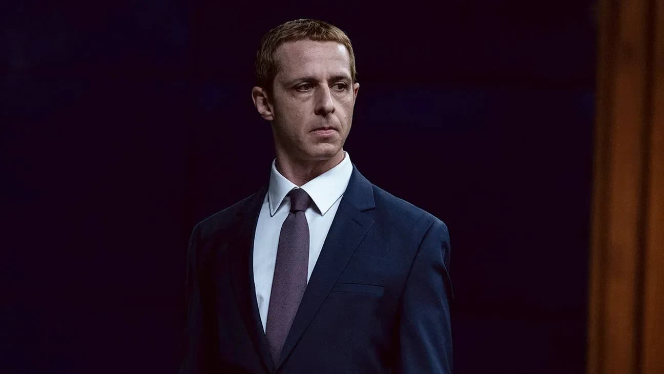 Promotional image for Aaron Sorkin's film The Social Reckoning featuring the cast in a dramatic courtroom-style setting