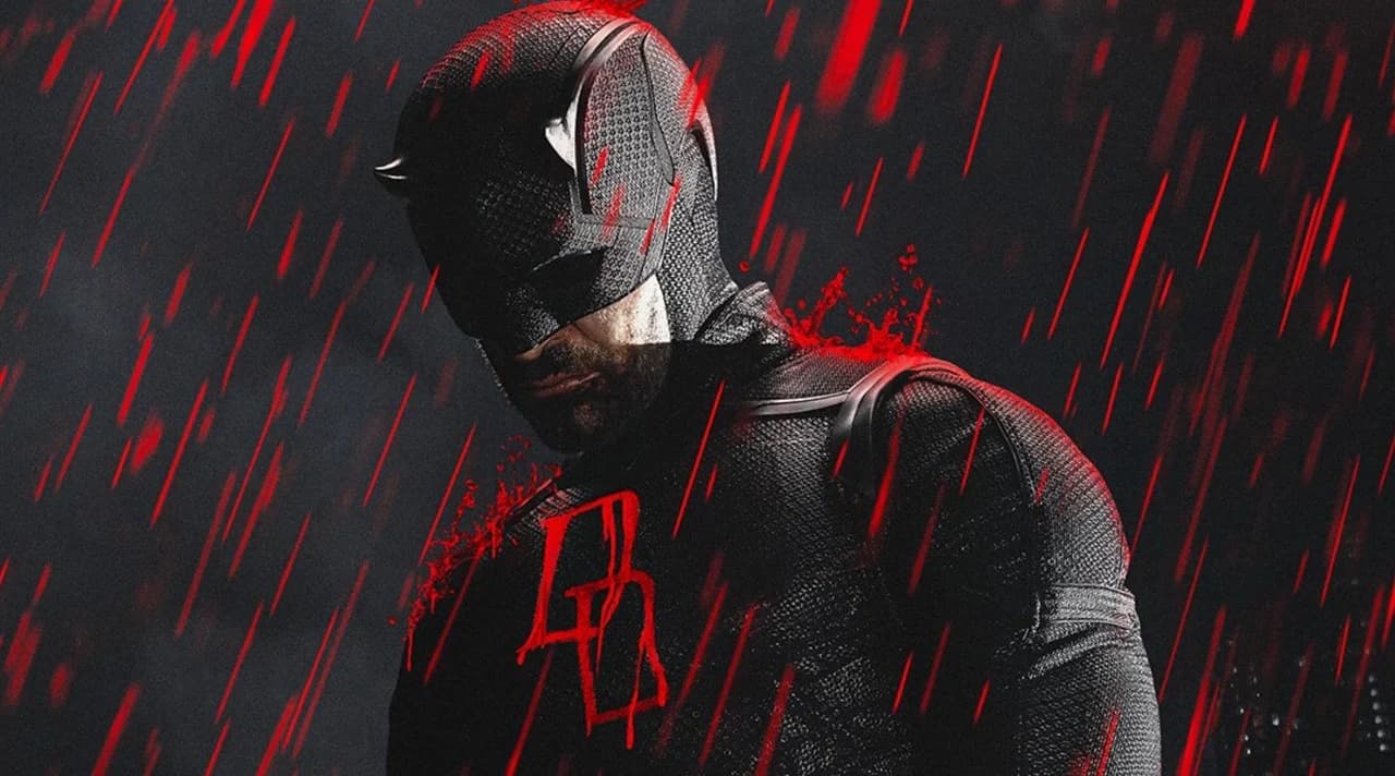 Charlie Cox as Daredevil standing on a rainy New York rooftop, with the Disney+ logo in the background