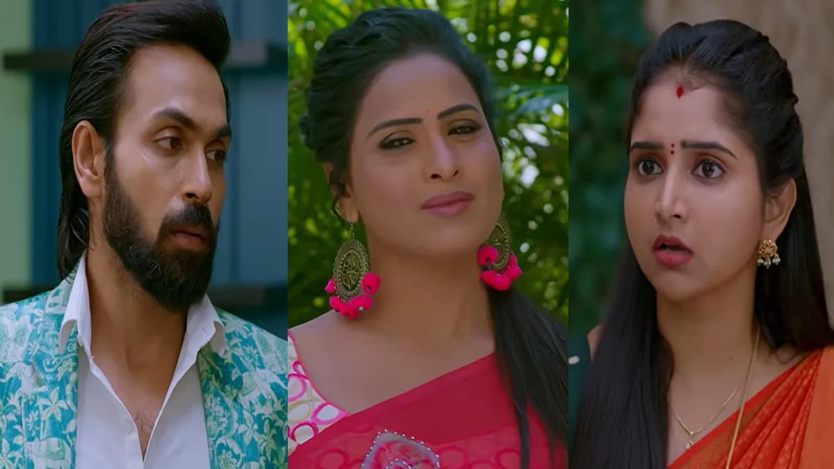 Still from the Telugu television serial Brahmamudi showing a tense family confrontation scene.