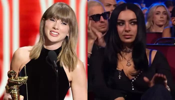 Taylor Swift accepting the Artist Director honor on stage at the 2026 MTV VMAs, with bright lights and a cheering crowd.