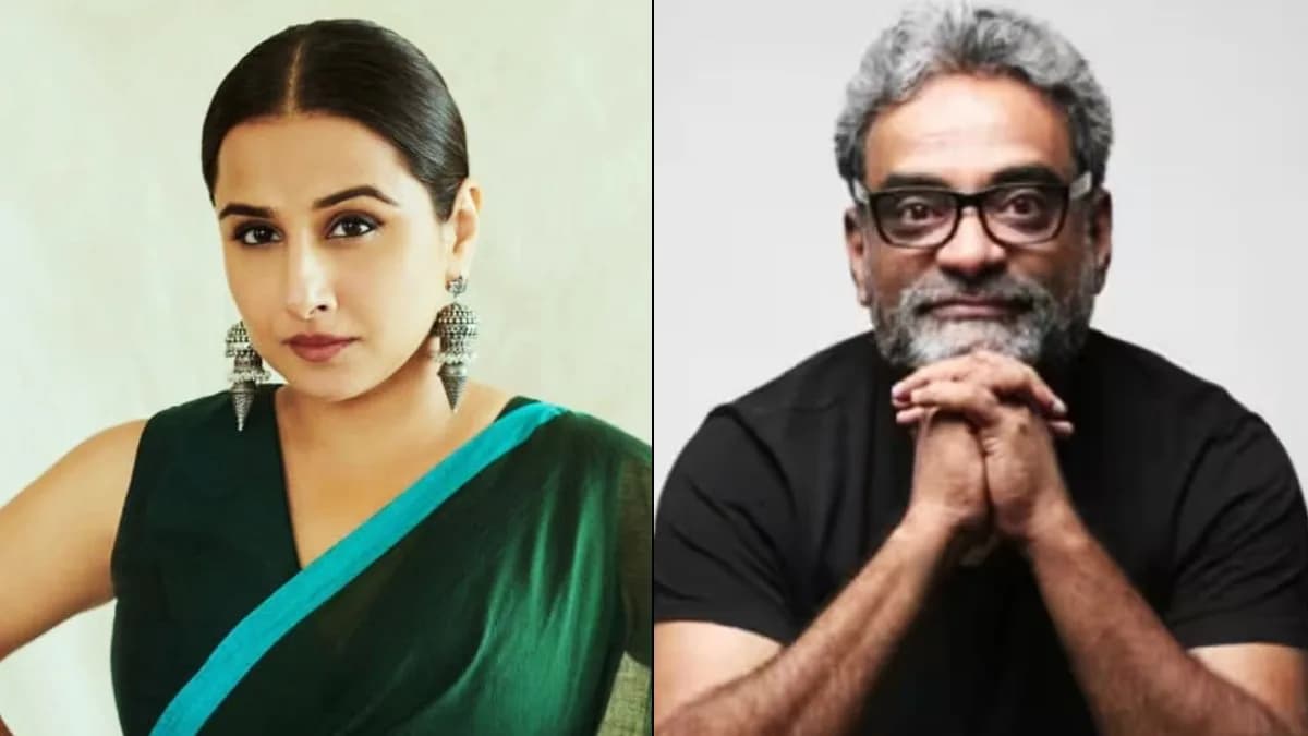 Vidya Balan holding a script in an Instagram selfie, wearing spectacles and a long braid, announcing a new Tamil film with R. Balki