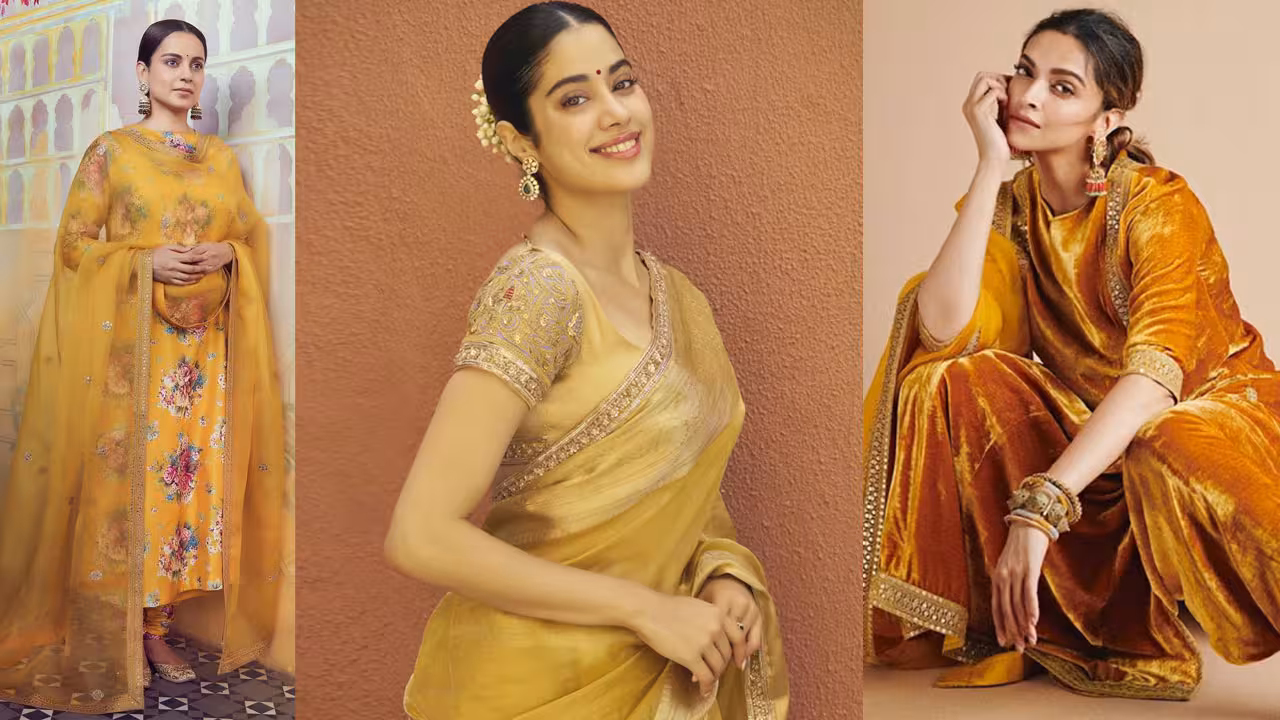 Janhvi Kapoor in a golden yellow saree with a gajra, standing in front of a garba circle.