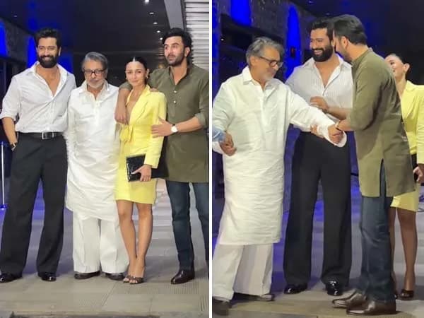 Ranbir Kapoor in green kurta, Alia Bhatt in yellow coordinated outfit, Vicky Kaushal in striped shirt and flared jeans, Sanjay Leela Bhansali in white, posing after dinner