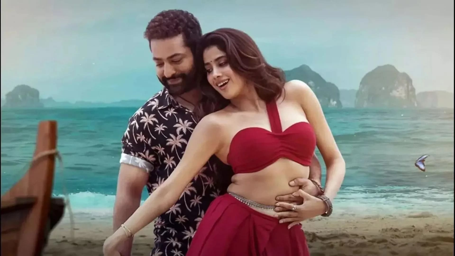 Janhvi Kapoor in a red saree, dancing in the Chuttamalle sequence from Devara