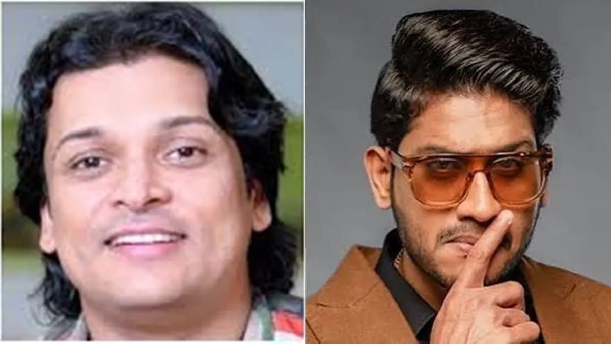 Rahul Easwar speaking on the Bigg Boss Malayalam 8 stage with host Mohanlal nearby