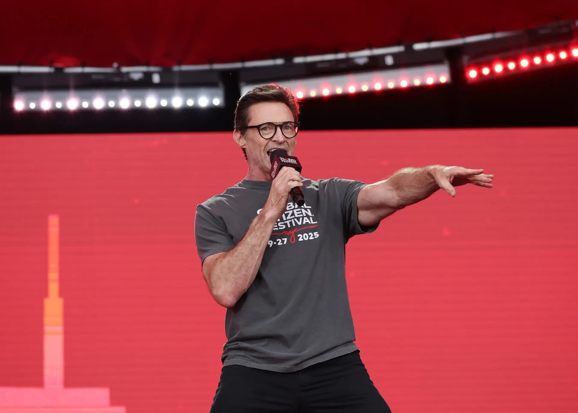 Hugh Jackman on stage at Global Citizen Festival in Central Park before the event was canceled because of severe weather.