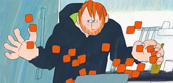 A still frame from the hand-drawn animated short film Off-Time showing a data engineer surrounded by clutter and clocks