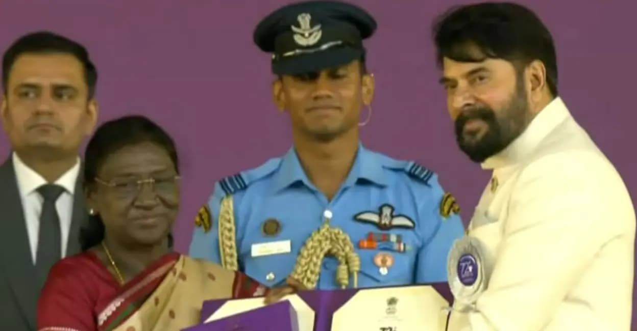Mammootty receiving the National Best Actor award on stage at the 72nd National Film Awards in Ekta Nagar, Gujarat