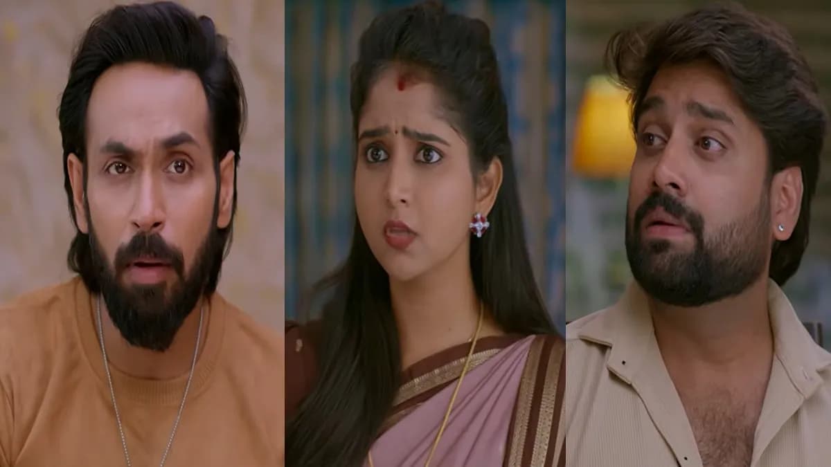 A family party scene from the Telugu television serial Brahmamudi with characters gathered as an announcement is made