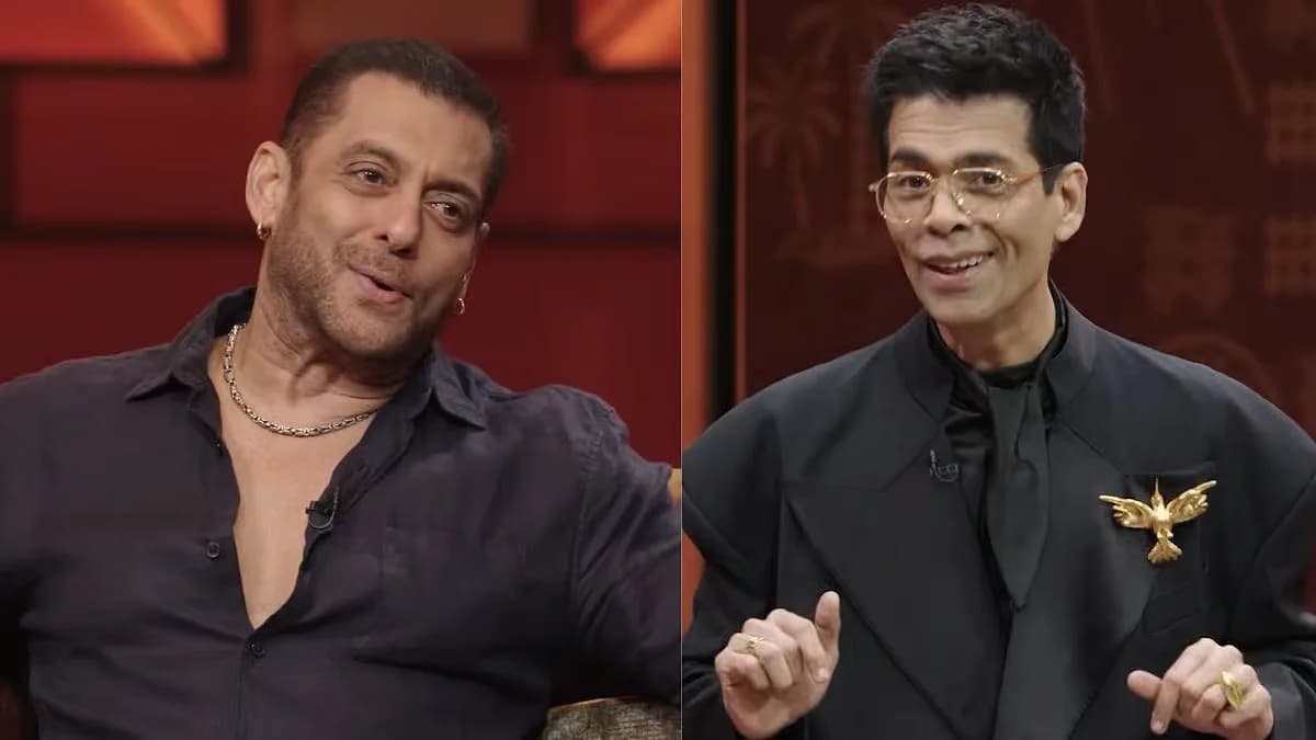 Salman Khan seated on the Koffee With Karan couch alongside host Karan Johar