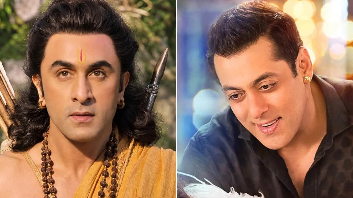 Ranbir Kapoor in costume as Lord Rama, standing beside Yash as Ravana, with Sai Pallavi as Sita in a grand set.