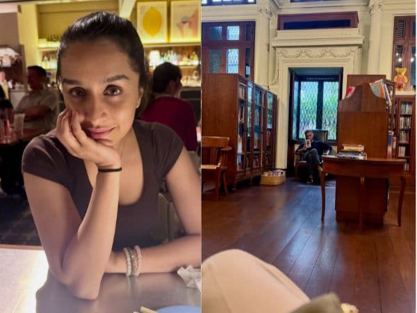 Shraddha Kapoor smiling during a vacation photo shared on social media, with rumoured boyfriend Rahul Mody seen reading in another frame from the same trip.