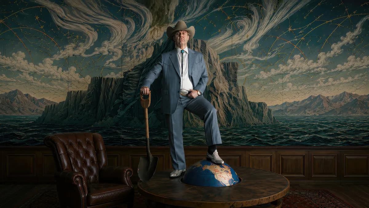 Tom Cruise as Digger Rockwell, a bloated, greasy-haired oil baron in a wrinkled suit, standing in front of a massive oil rig under a stormy sky.