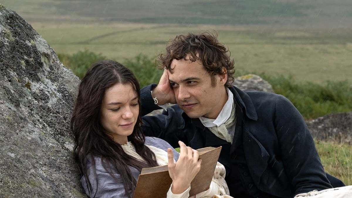Florence Pugh and Tom Holland in period costumes, standing in a misty English countryside.