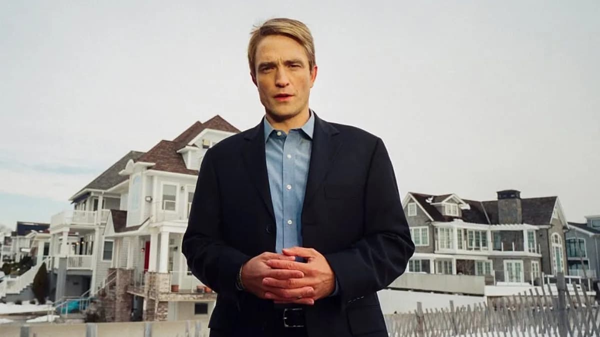 Robert Pattinson in a dark suit, standing in front of a newsroom backdrop, holding a microphone.