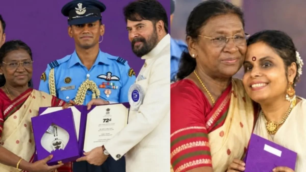 Mammootty receiving the National Film Award from President Droupadi Murmu, with Vaikom Vijayalakshmi standing beside him