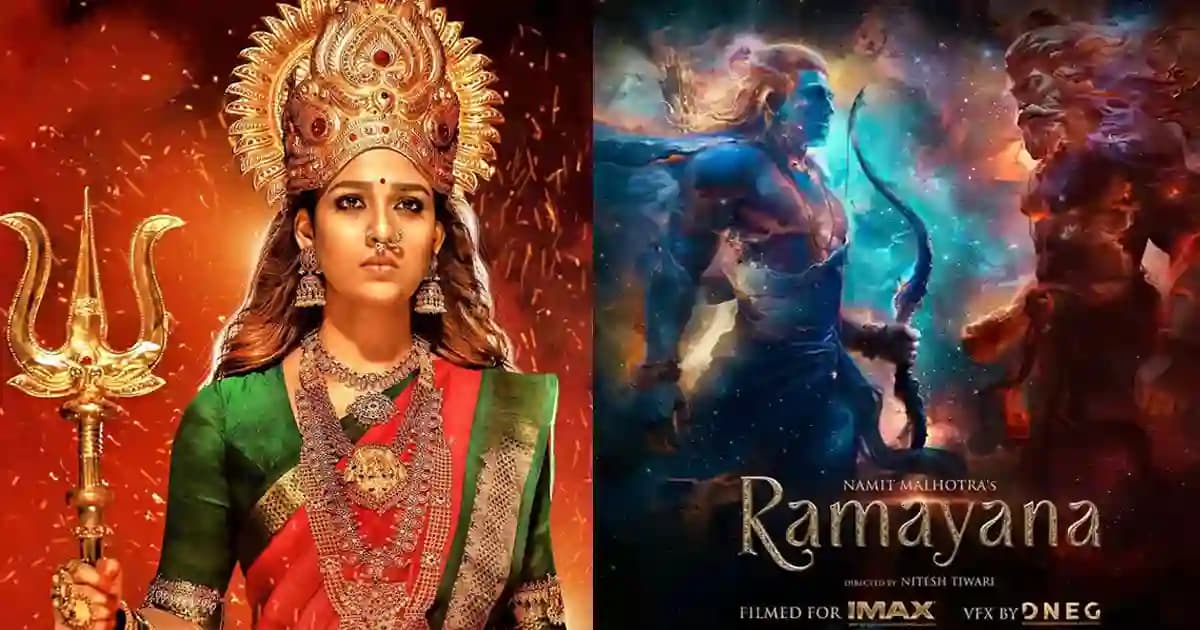 Nayanthara in a promotional look from Mookuthi Amman, alongside a Ramayana poster featuring Ranbir Kapoor
