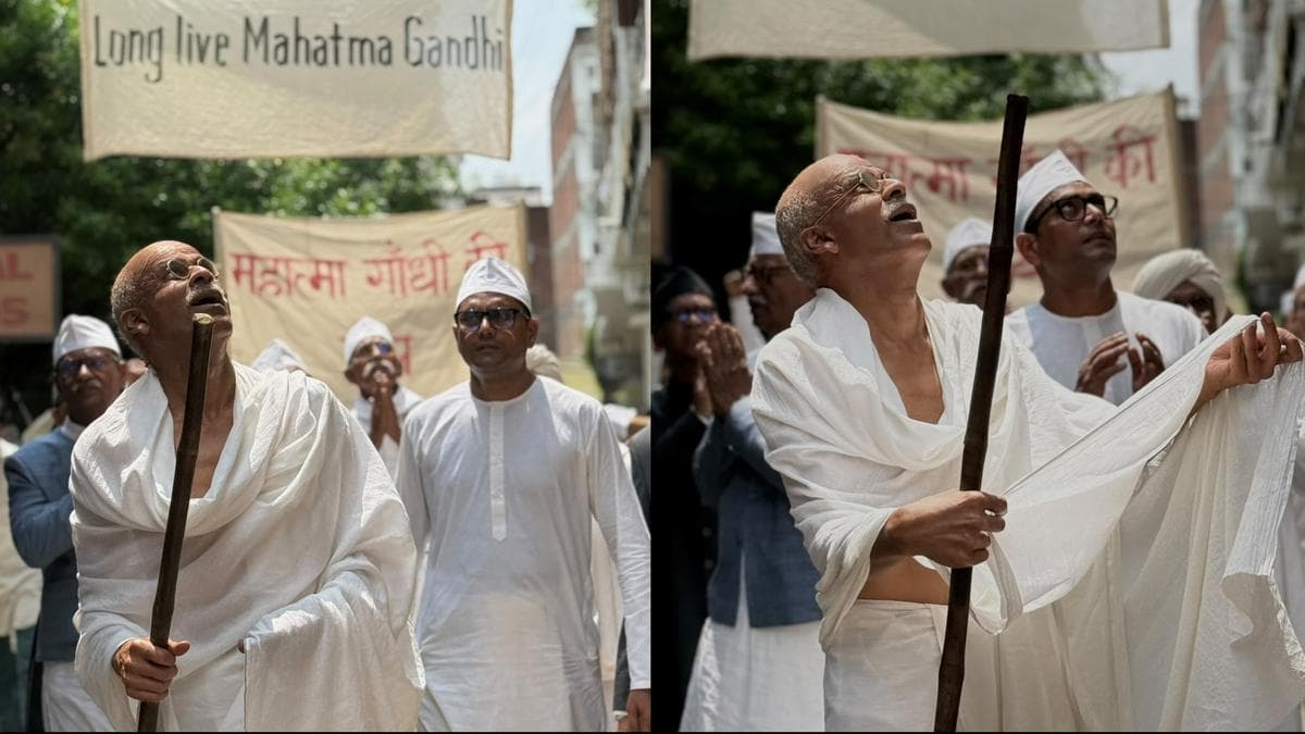 Manoj Bajpayee in prosthetic makeup and costume, transformed to resemble Mahatma Gandhi, in a first-look still from Sudhir Mishra's upcoming film.