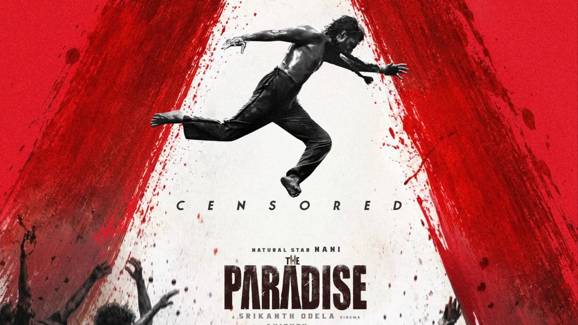 Nani standing on a film set with a backdrop of the movie poster for The Paradise, overlaid with box office charts showing Nizam region performance.
