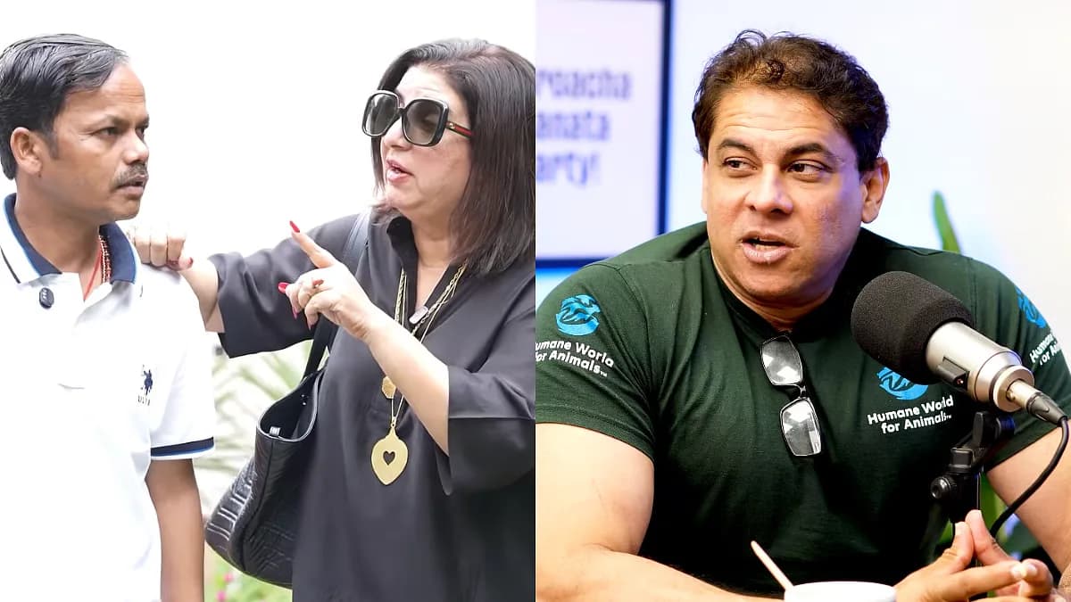 Farah Khan and Cyrus Broacha in a playful social media exchange, with text overlay reading 'I can replace him with you'.