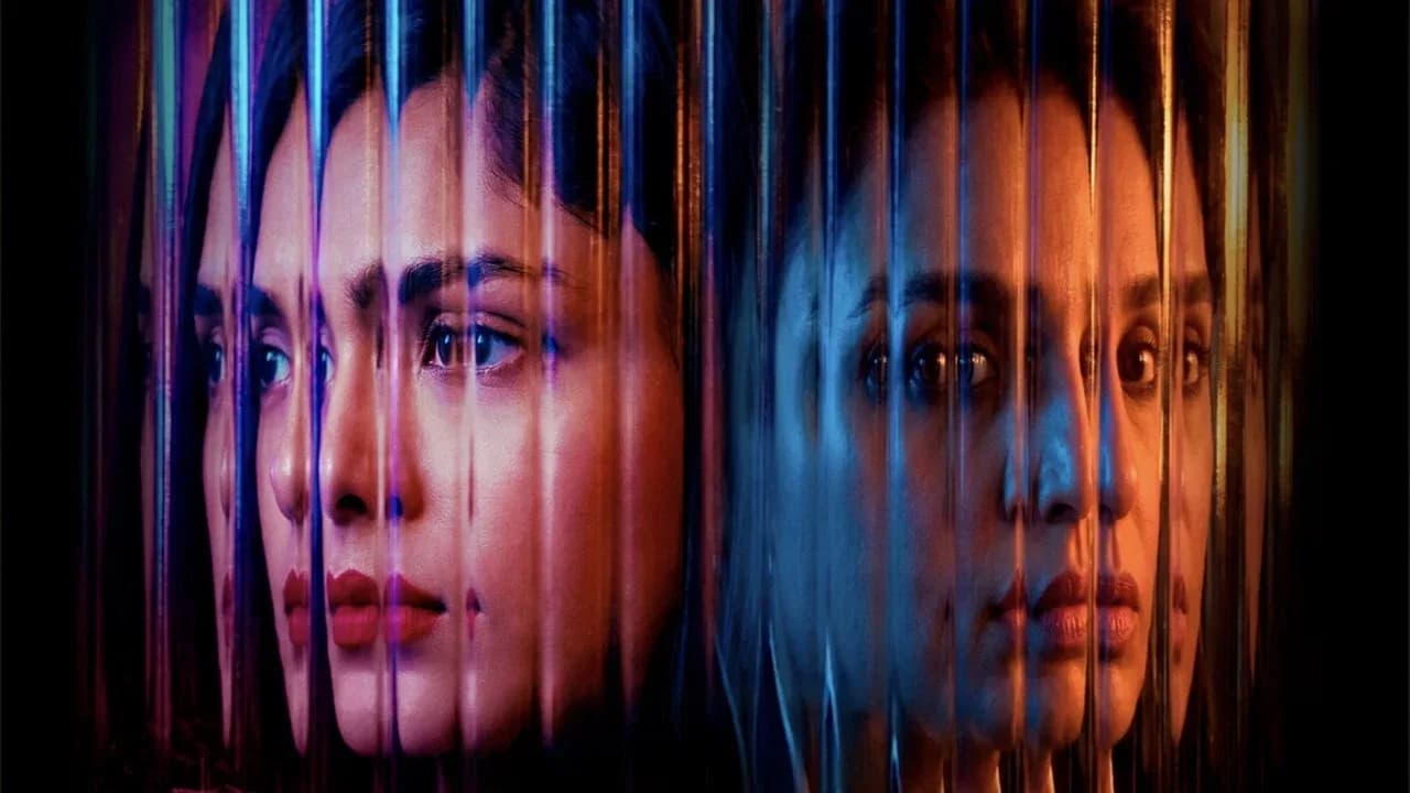 Mrunal Thakur in a tense courtroom scene, face lit by dim light, surrounded by blurred figures in a legal setting.