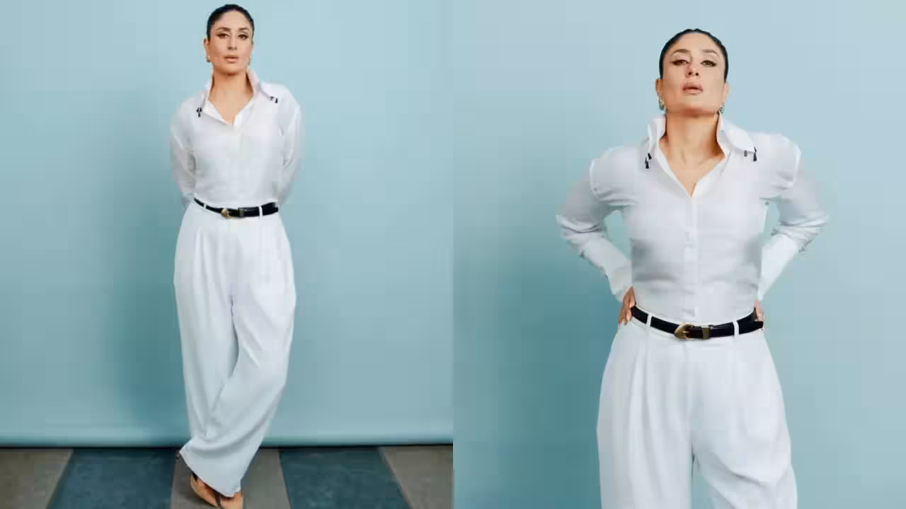 Kareena Kapoor Khan poses in an all‑white shirt and tailored trousers, accented with a black belt and nude pumps during her What Women Want shoot.