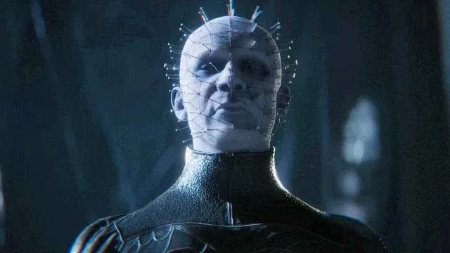 Concept art or screenshot from the Hellraiser: Revival video game showing a Cenobite figure in a dark, blood-lit setting.