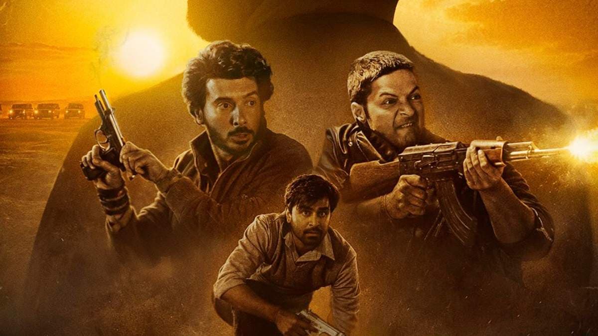 Poster or still from Mirzapur: The Movie featuring the film's lead cast in a tense confrontation