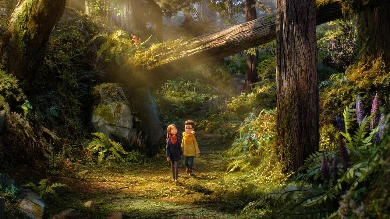 A still from Wildwood, showing a fantastical forest with glowing trees and shadowy crows in flight.