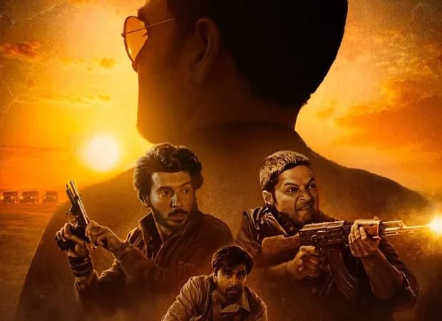 Promotional still from Mirzapur The Movie showing the film's lead cast in a tense confrontation scene