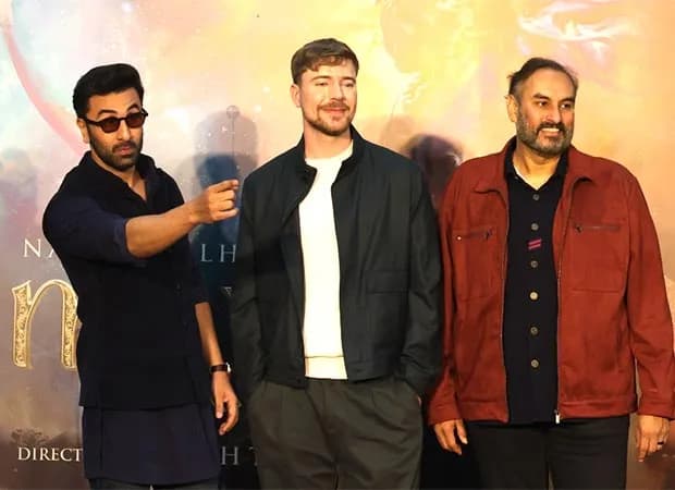 Ranbir Kapoor, Sai Pallavi and MrBeast on stage at the delayed Ramayana promotional event in Film City