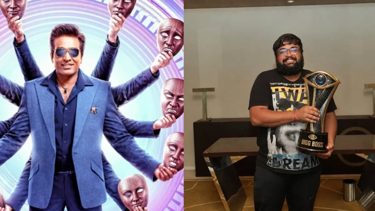 Bigg Boss Tamil 10 host Vijay Sethupathi on the show's premiere set with contestants gathered in the house