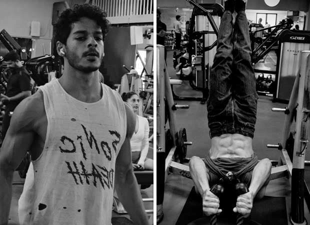 Black-and-white photo of Ishaan Khatter mid-workout showing his sculpted physique