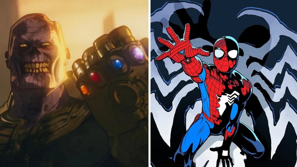 A dark, stylized image of a zombified Iron Man standing over a ruined cityscape, with a glowing red eye. In the background, a flickering 'Disney+' logo appears.
