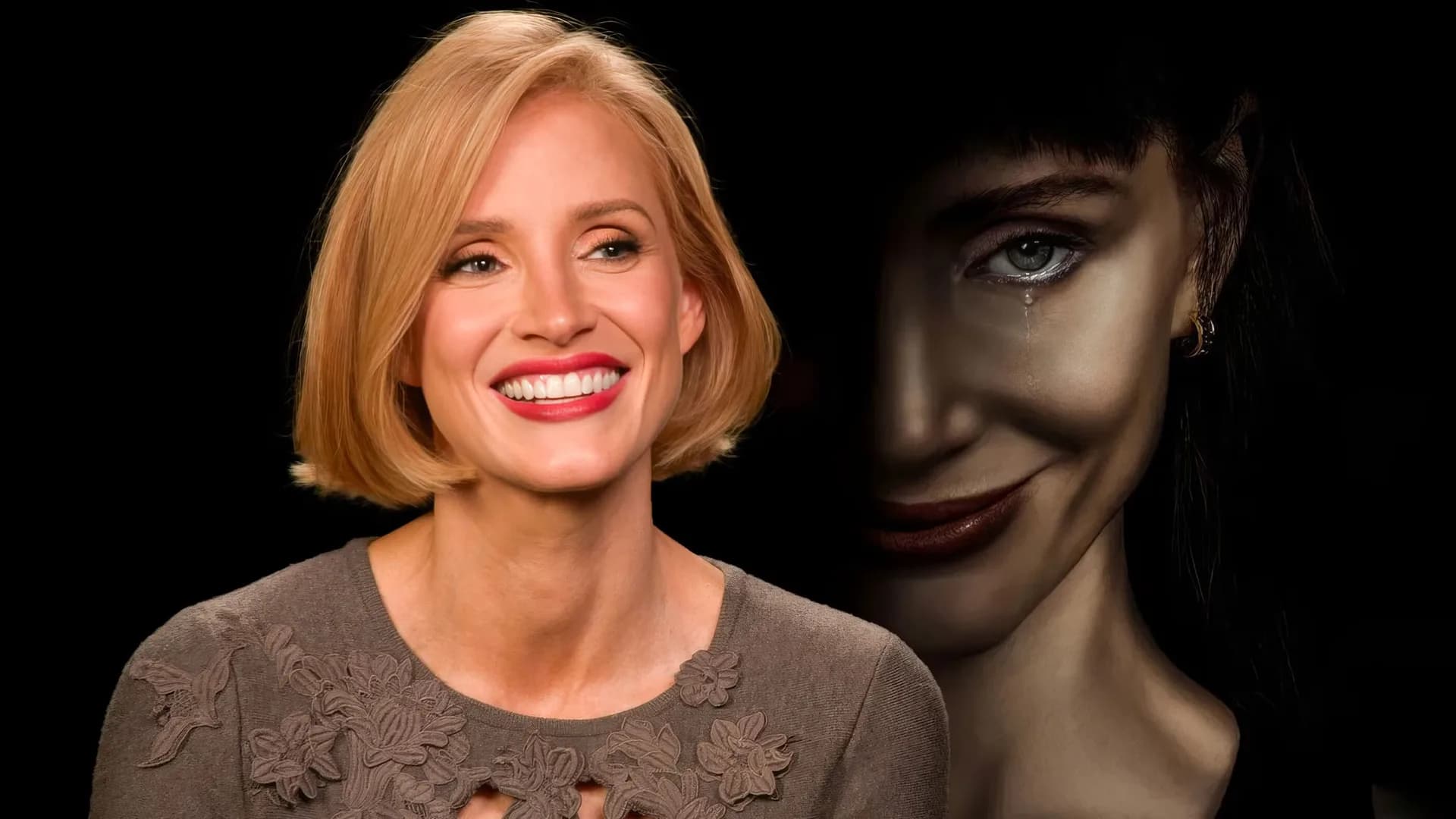 Jessica Chastain in a close-up shot, eyes wide, mouth slightly open, expression eerily calm.