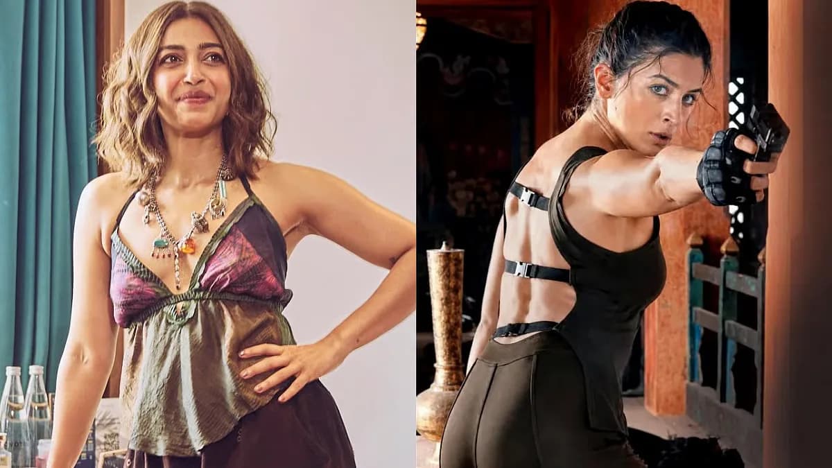 Radhika Apte at a public event, smiling and speaking into a microphone