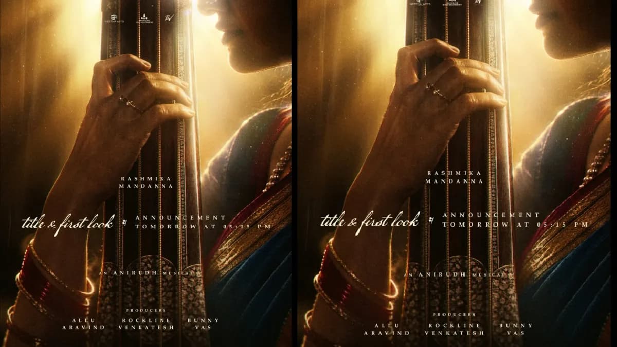 Promotional poster teaser for Rashmika Mandanna's upcoming M.S. Subbulakshmi biopic ahead of its Chennai launch event.