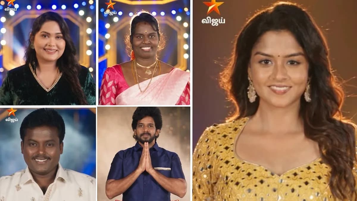 A still from Bigg Boss Tamil 10 featuring contestants in the house, with a red '₹' symbol overlaying the image.