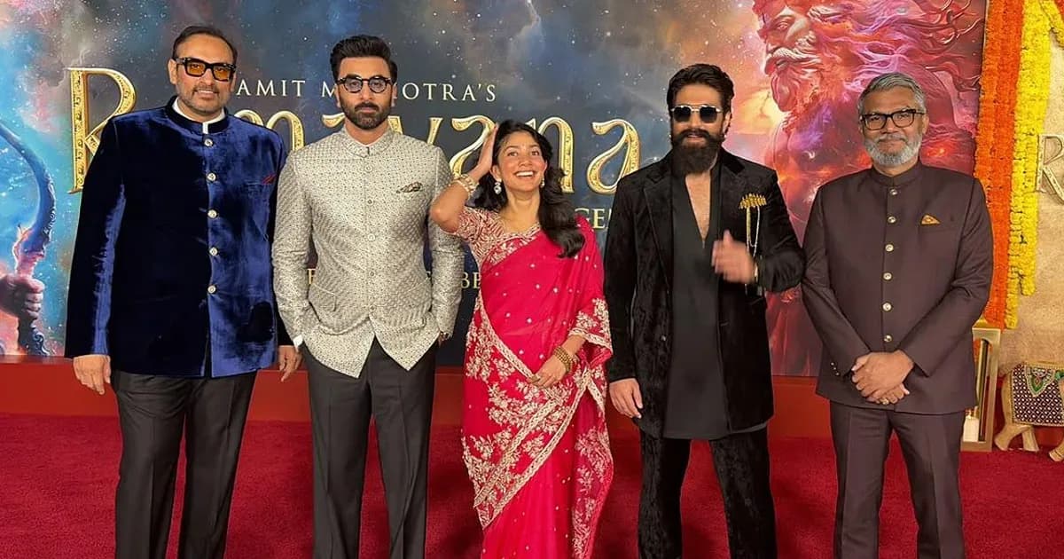 Ranbir Kapoor, Sai Pallavi and Yash pose together at the Ramayana Part 1 premiere red carpet in Los Angeles.