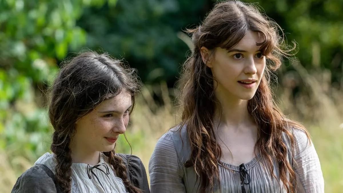 A still from the 2026 Sense and Sensibility film, featuring Daisy Edgar-Jones and Esmé Creed-Miles in period costumes, standing in a misty English countryside.