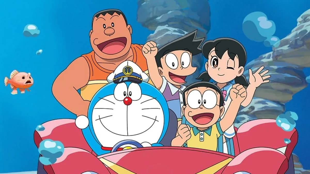 A still from Doraemon: Castle of the Undersea Devil showing Doraemon and Nobita in an underwater castle setting