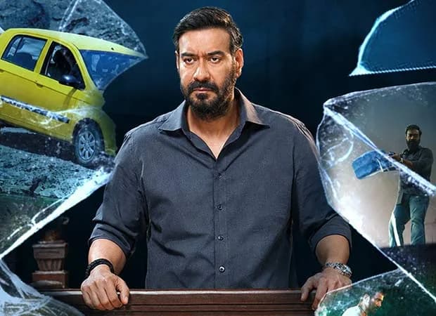 Poster of Drishyam 3 featuring Ajay Devgn as Vijay Salgaonkar, with a backdrop of a cinema ticket counter and advance booking numbers displayed.