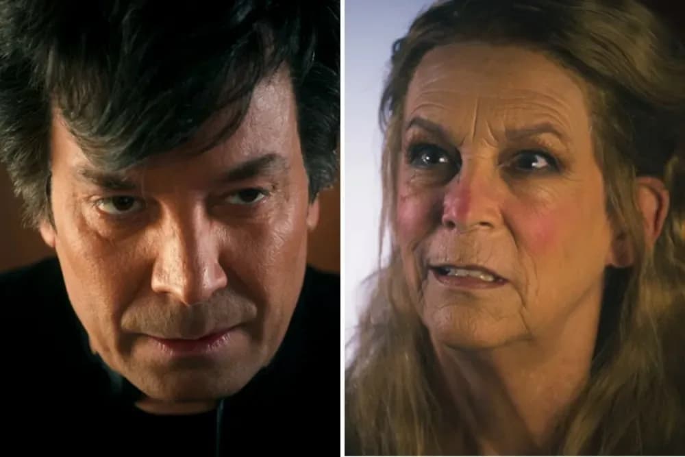 Jimmy Fallon and Jamie Lee Curtis in character as Nathan Fielder and Elizabeth Holmes during a Tonight Show cold open skit