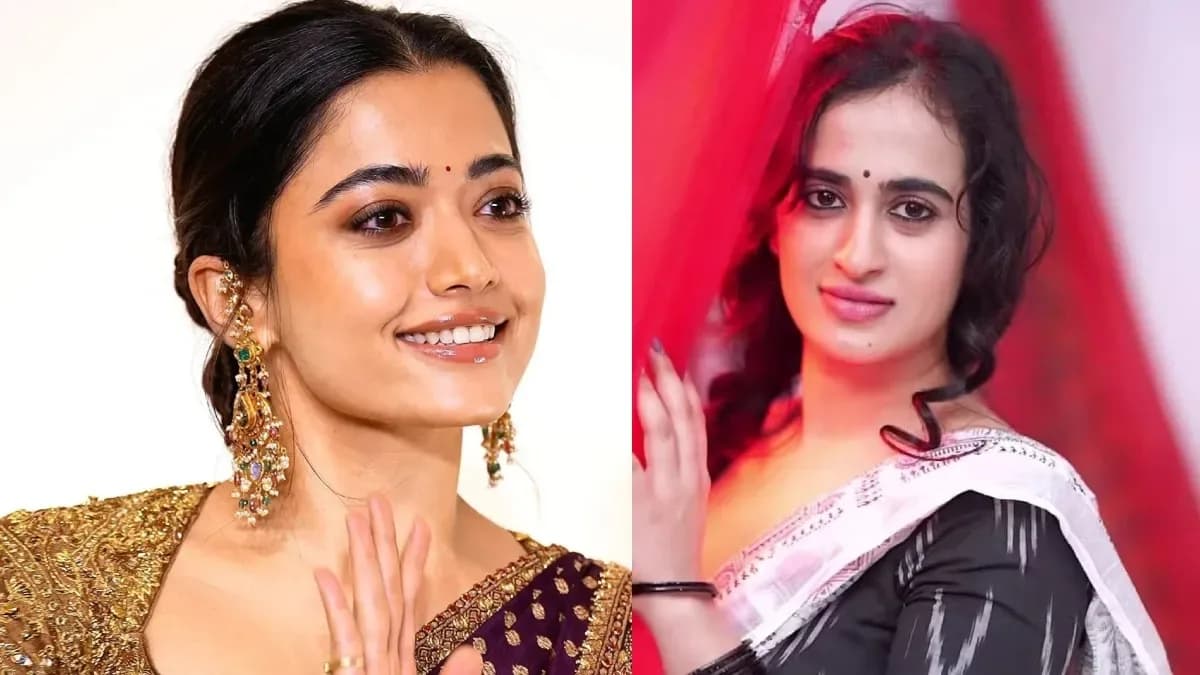 Rashmika Mandanna and Thapaswini Poonacha in a split-screen Instagram post, both smiling, with text overlay: 'Deity. Beginning. Real.'