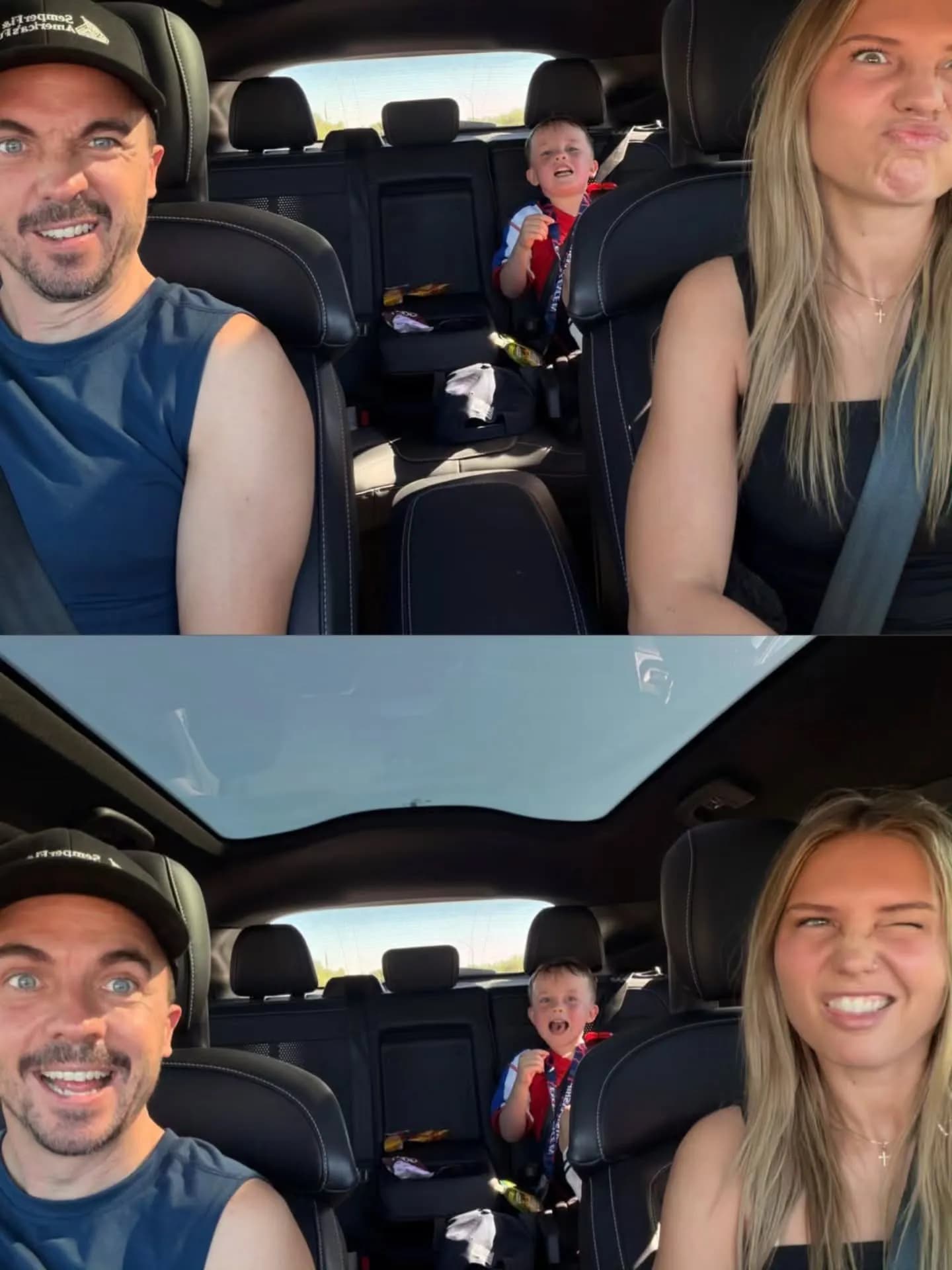 Frankie Muniz smiling in a car with estranged wife Paige Price beside him and their young son in the back seat.