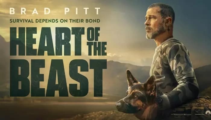 Brad Pitt as James Belmont with his dog Odin in the wilderness from Heart of the Beast